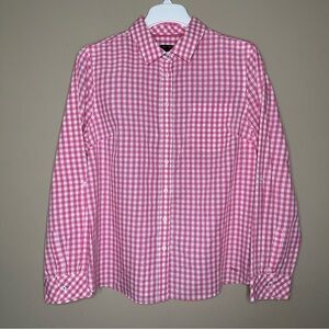 Talbots Women 14 Petite Pink White Button Shirt Gingham Plaid Western Preppy
